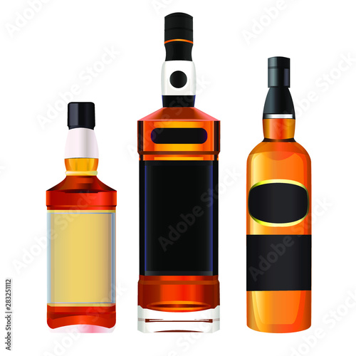 Colorful alcohol bottles set isolated on white.