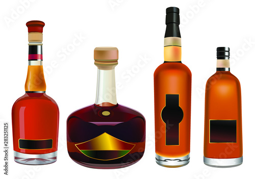 Colorful alcohol bottles set isolated on white.