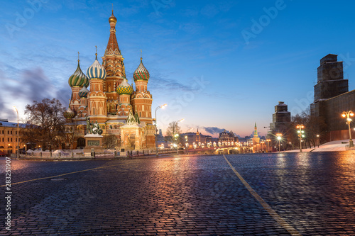 Saint Basil's Cathedral towers at the Red Square in Moscow at dawn.