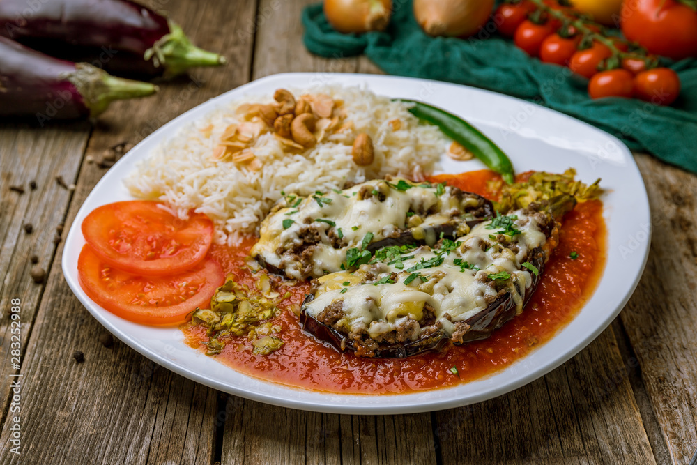 baked eggplant with minced and cheese. Turkish cuisine baked eggplant with minced and cheese. Turkish cuisine