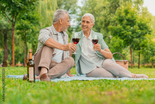 Portrait of beautiful senior couple sitting on blanket outdoor drinking wine and enjoying time together © InsideCreativeHouse