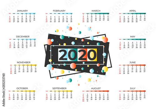2020 new year calendar page color blue, green, orange, yellow gradient colorful ball. Week Start Sunday. Business day and month planner template. Vector mock up  diary desktop illustration