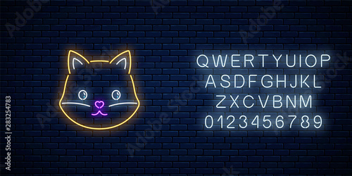 Glowing neon sign of cute fox in kawaii style with alphabet. Cartoon happy smiling foxy in neon style.