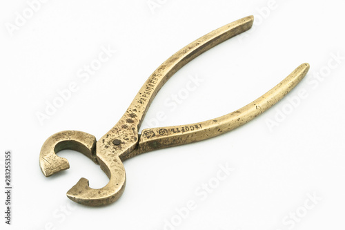 Antique brass sugar clippers on white background