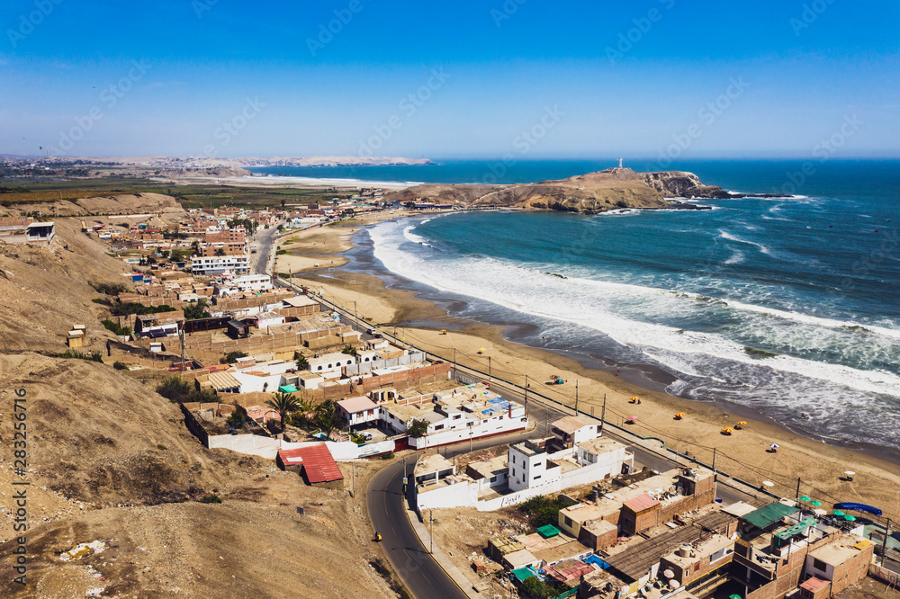Panoramic aerial view of Chorrillos beach in Barranca city in Lima, Peru