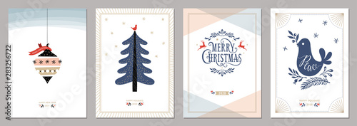 Merry Christmas and Happy New Year greeting cards set. 