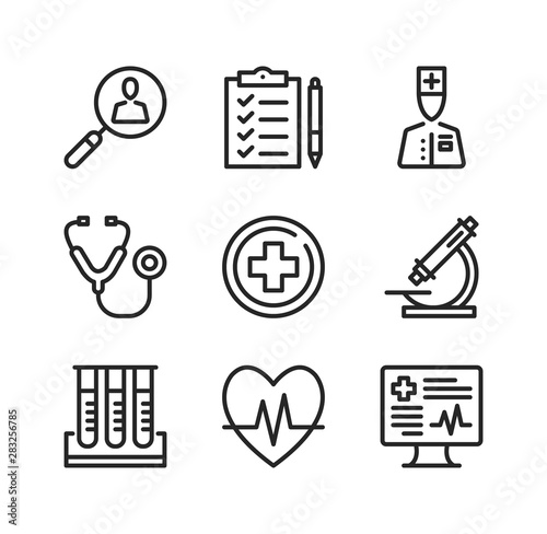Medical exam line icons. Health checkup, medical examination, check up, screening concepts. Simple outline symbols, modern linear graphic elements collection. Vector line icons set