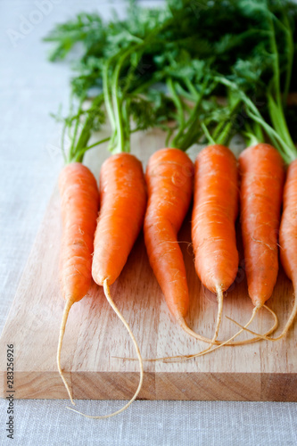 Fresh carrots on a wooden chopping board