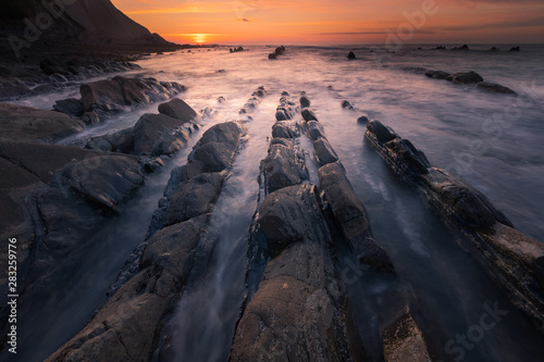 View from Sakoneta at the Flysch Geological park at Zumaia. A famous beach because the extrange form of the rocks. At the Basque Country.	 photo