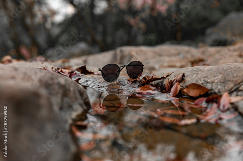 glasses and leaves near a puddle on the stones © spaceneospace