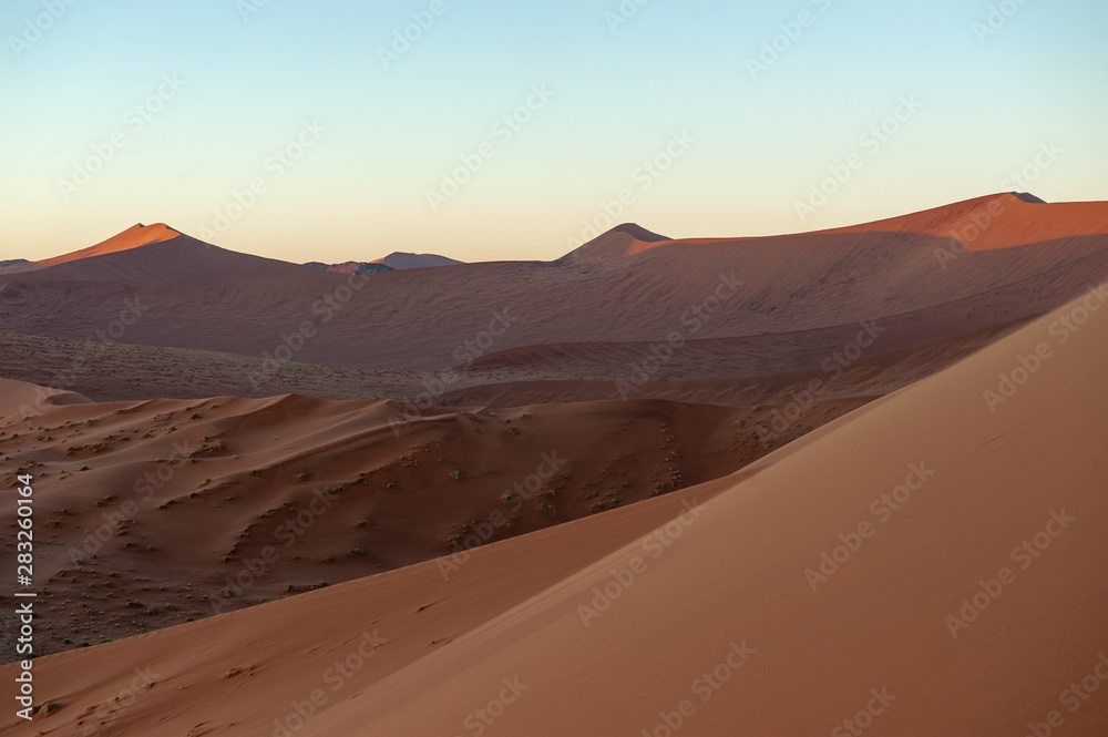 Early morning sunlight illuminating the red sand of Namibias sussusvlei