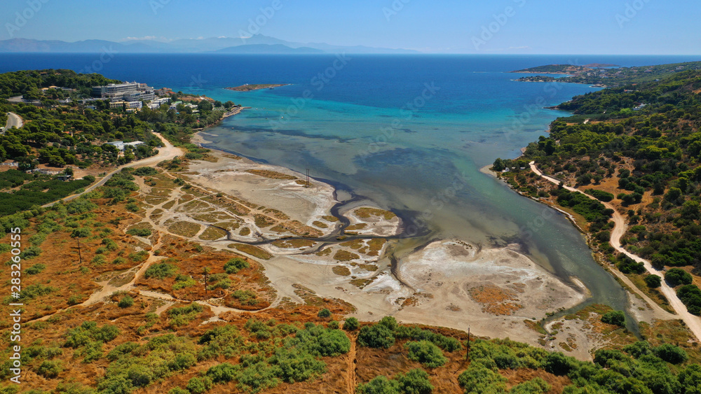 Fototapeta premium defaAerial drone of famous wetland and turquoise bay of Vravrona, Attica, Greece