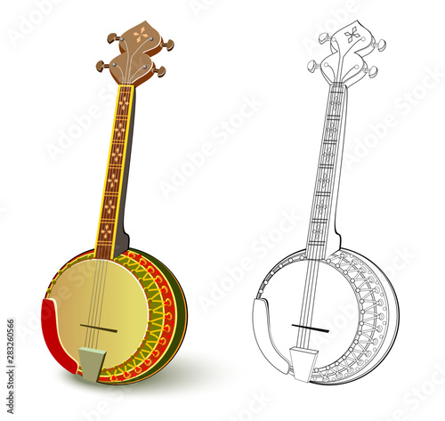 Colorful and black and white pattern for coloring. Illustration of folk stringed musical instrument banjo. African and American traditional music. Worksheet for coloring book for children and adults.