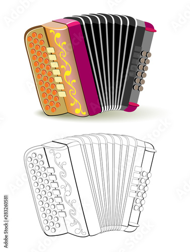 Colorful and black and white pattern for coloring. Fantasy illustration of musical instrument French button accordion. Worksheet for coloring book for children and adults. Vector image.