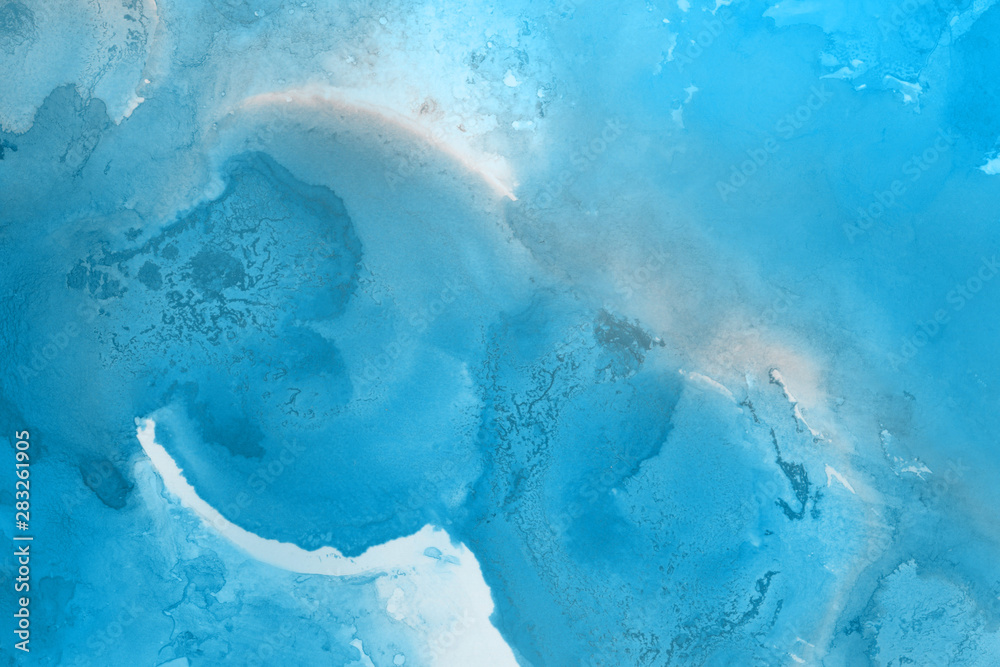Fototapeta premium Hand painted blue alcohol ink background. Abstract delicate winter season texture. Contemporary wallpaper. 