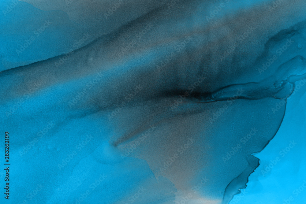 Fototapeta premium Hand painted blue alcohol ink background. Abstract delicate winter season texture. Contemporary wallpaper. 