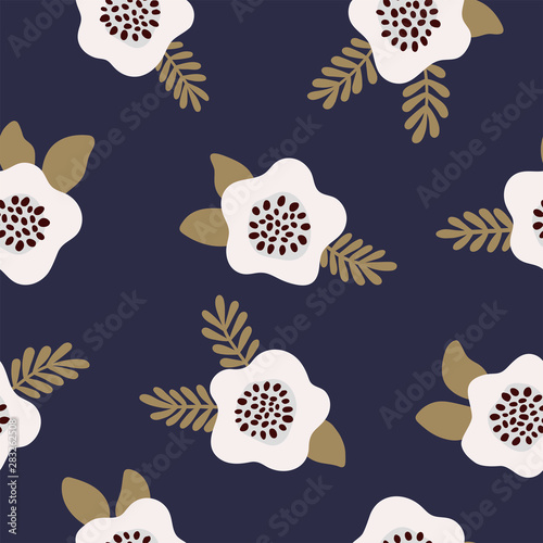 Floral seamless pattern White and gold flowers on blue. Hand-drawn pattern design wrap paper, fabric, wallpaper, card