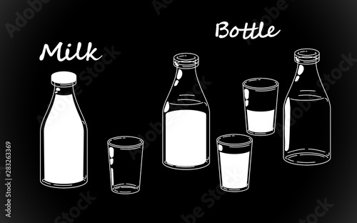 Retro milk bottles set, white bottle silhouettes. Old fashioned bio vintage. Vector illustration isolated hand drawing on black background