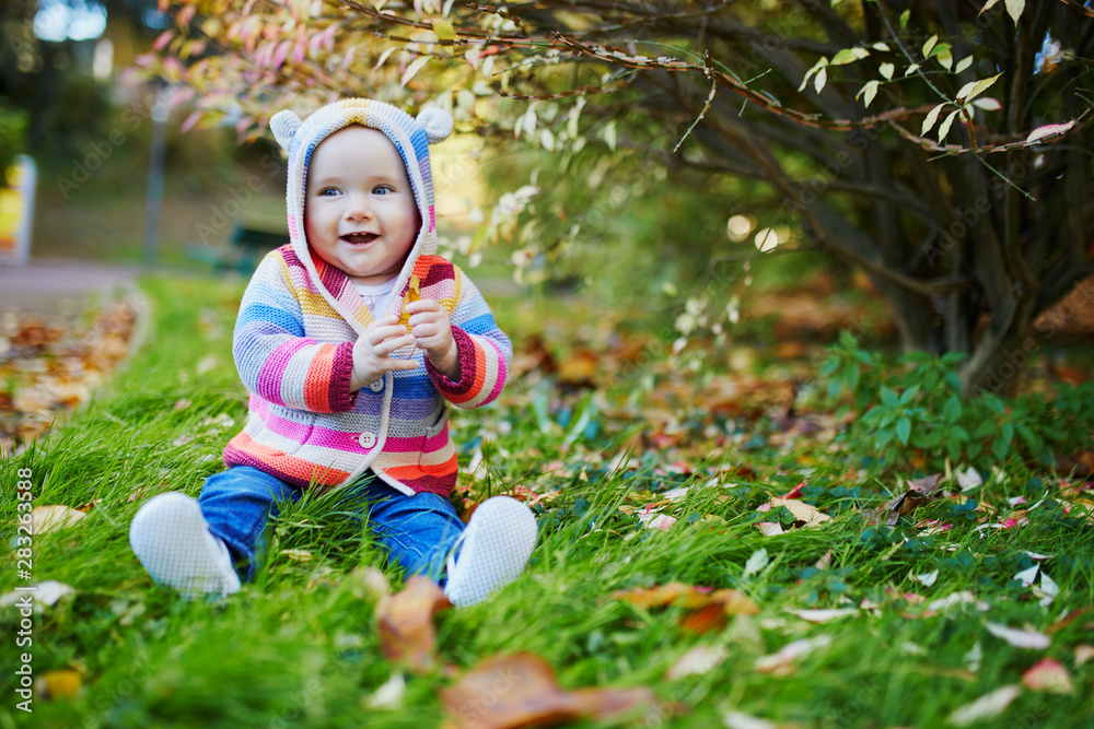Girl sitting on the grass and playing with colorful autumn leaves Girl sitting on the grass and playing with colorful autumn leaves