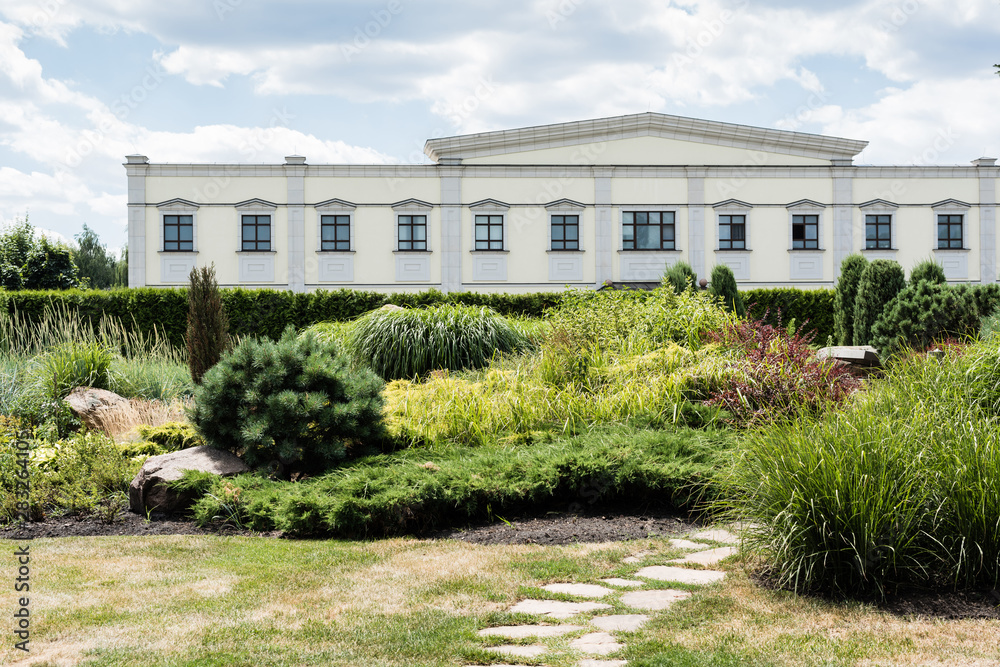 white house near green trees and bushes against blue sky with clouds white house near green trees and bushes against blue sky with clouds