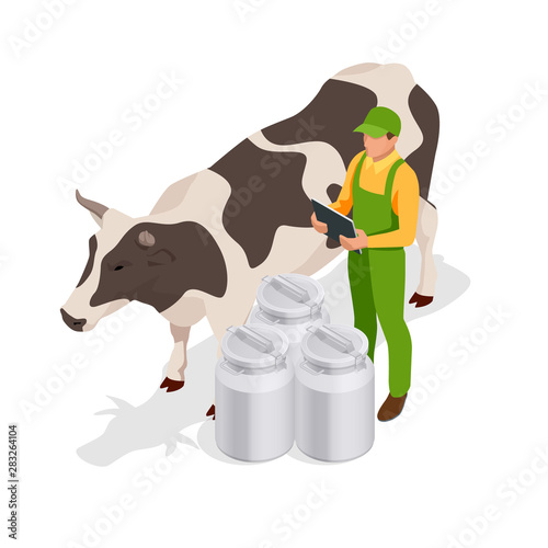 Isometric dairy cattle set. Farmer collecting milk at his dairy farm Cows collection. Isolated on white background.