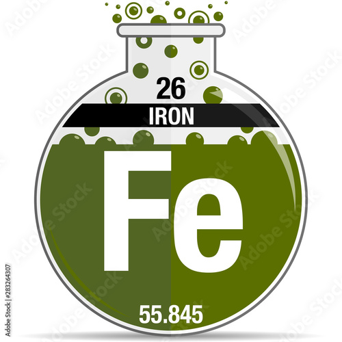 Iron symbol on chemical round flask. Element number 26 of the Periodic Table of the Elements - Chemistry. Vector image