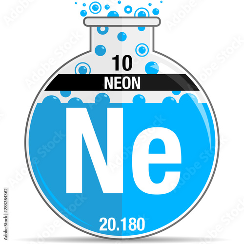 Neon symbol on chemical round flask. Element number 10 of the Periodic Table of the Elements - Chemistry. Vector image