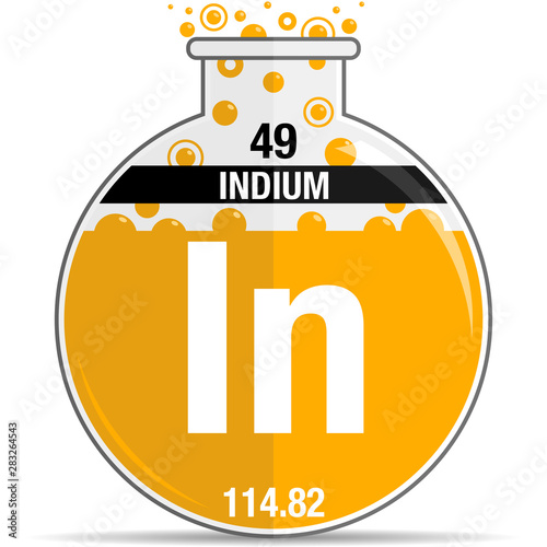 Indium symbol on chemical round flask. Element number 49 of the Periodic Table of the Elements - Chemistry. Vector image