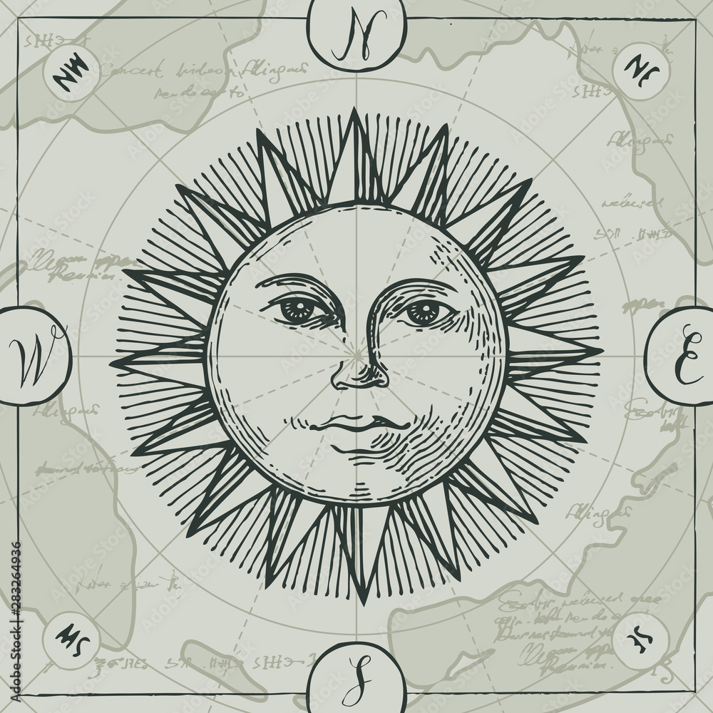 Vector banner with sign of sun and wind rose Vector banner with sign of sun and wind rose