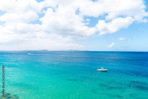 Panorama of beautiful beach and tropical sea of Lanzarote. Canaries