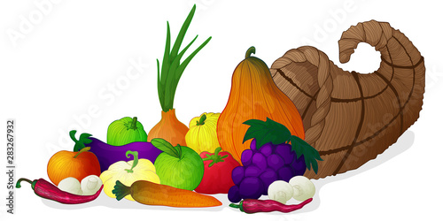 Vector hand draw colorful autumn illustration of horn of plenty with vegetables on white background for harvest festival or thanksgiven day. Art of cornucopia and grape and veggies