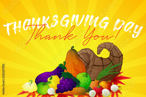 horizontal vector banner for thanksgiving with hand draw illustration of cornucopia or horn of plenty with vegetables and fruits and mushrooms and autumn maple leaves on yellow background with stripes