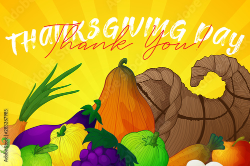 horizontal vector banner for thanksgiving day with hand draw illustration of cornucopia or horn of plenty with vegetables and fruits and mushrooms on yellow background with stripes and text thanks you