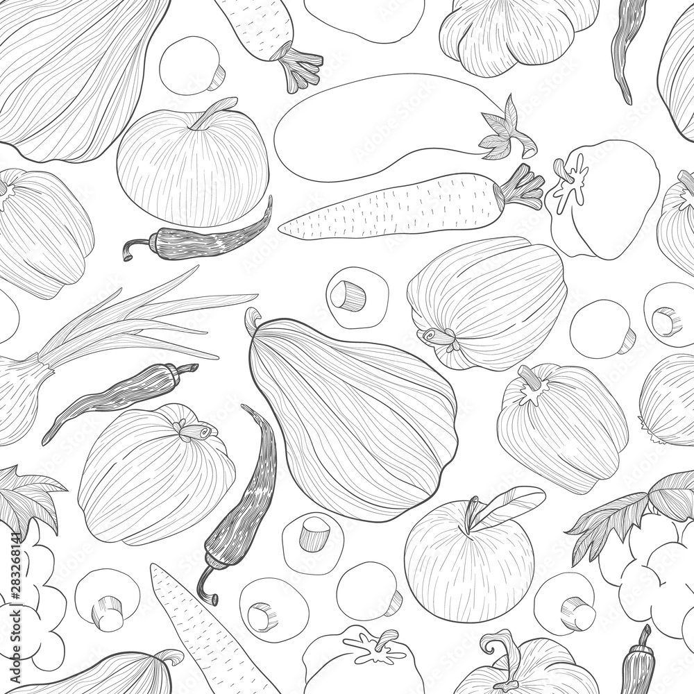 Vegetables outline hand draw seamless pattern on white. Repeater background with veggies in sketch style. Vegetables outline hand draw seamless pattern on white. Repeater background with veggies in sketch style.