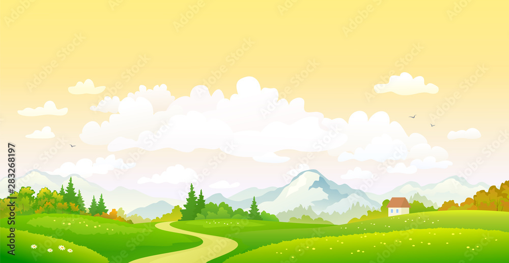 Vector colorful fall landscape and sunset sky background