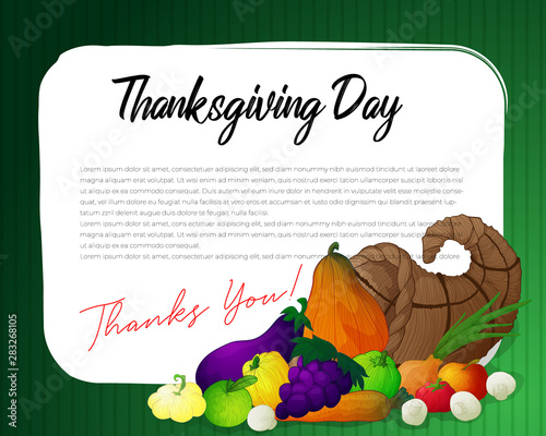Horizontal vector banner for thanksgiving day or harvest festival with hand draw illustration of cornucopia or horn of plenty with vegetables and fruits and mushrooms on green background with stripes