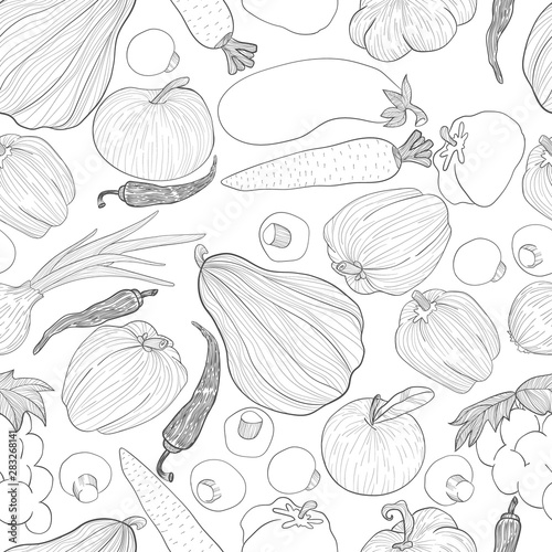 Vegetables outline hand draw seamless pattern on white. Repeater background with veggies in sketch style.