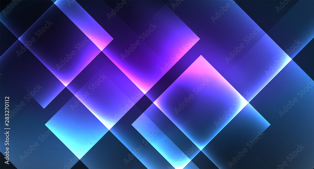 Neon glowing techno square rectangle lines, blue hi-tech futuristic abstract background Neon glowing techno square rectangle lines, blue hi-tech futuristic abstract background