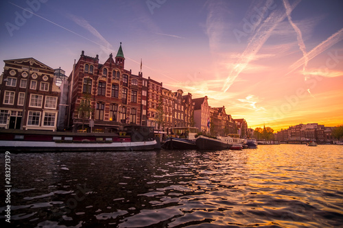 Beautiful sunset on canal in Amsterdam, Netherlands