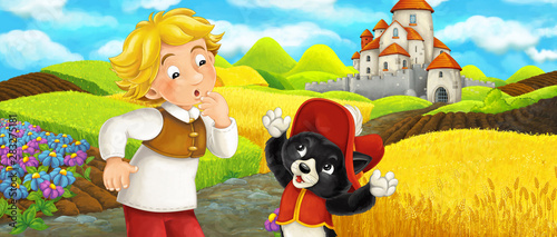 Fototapeta Naklejka Na Ścianę i Meble -  Cartoon scene - cat traveling to the castle on the hill with young boy farmer - illustration for children