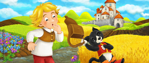 Fototapeta Naklejka Na Ścianę i Meble -  Cartoon scene - cat traveling to the castle on the hill with young boy farmer - illustration for children