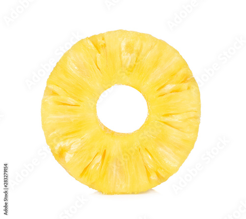 Slices of Fresh pineapple, Donut shapes, Canned pineapple, isolated on white background.