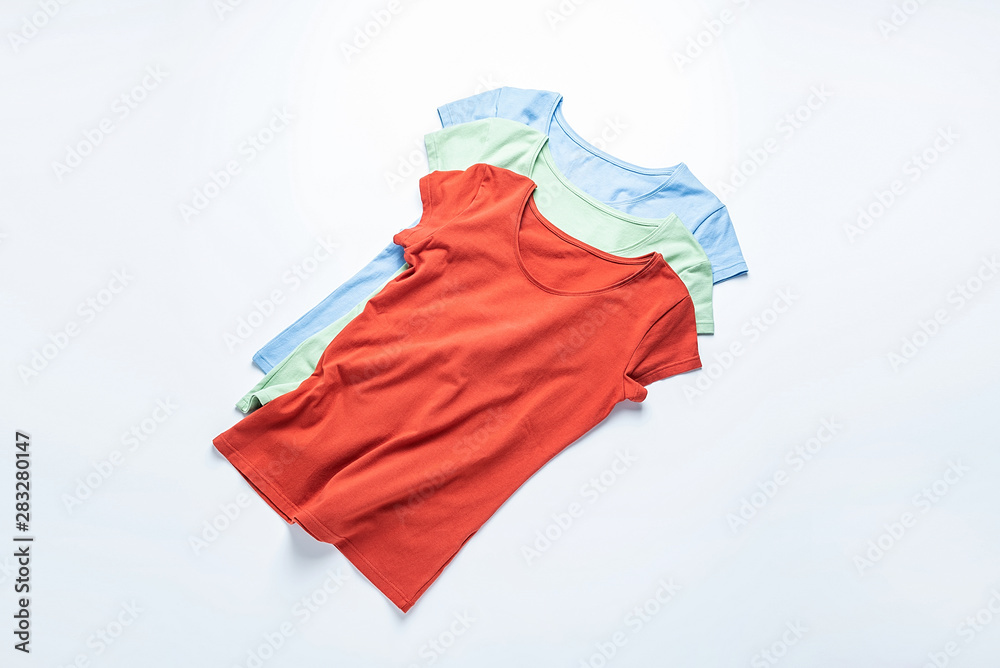 Three short sleeve cotton t-shirts on white background Three short sleeve cotton t-shirts on white background