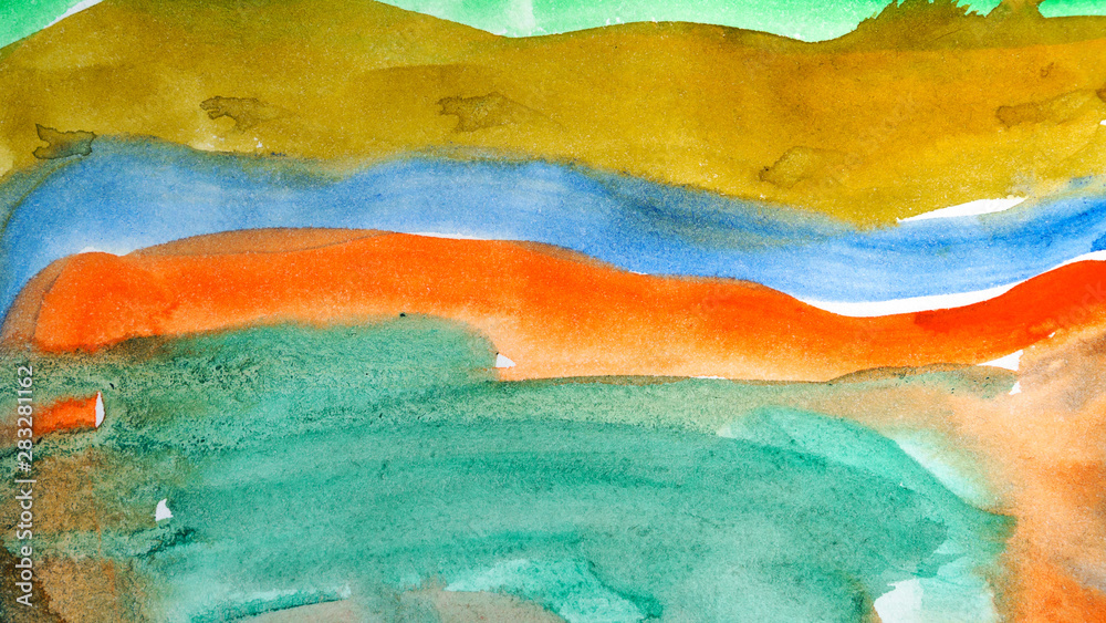 Abstract watercolor painting. Backgrounds for design. Water-smudges. Emerald, orange, blue and yellow colors