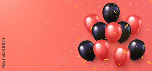 Celebration, festival coral color background with helium balloons. Greeting banner or poster with coral and black realistic 3d vector flying balloons. Celebrate birthday poster. Happy anniversary card