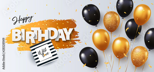 Happy Birthday card. Holiday illustration with gift box, black and gold balloons, confetti and texture of golden brush strokes on a white background. Birthday day poster design, social and fashion ads