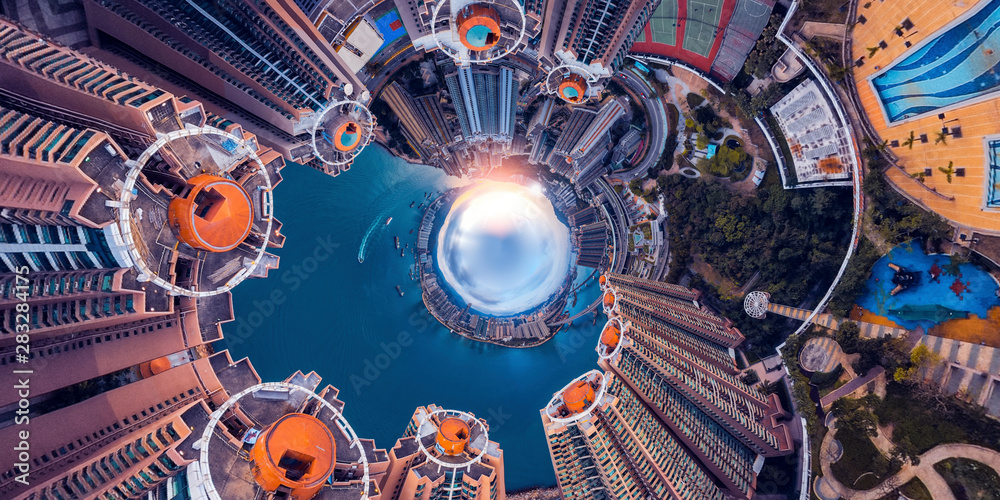 Fototapeta premium Panorama aerial view of Hong Kong landscape in Tsuen Wan District