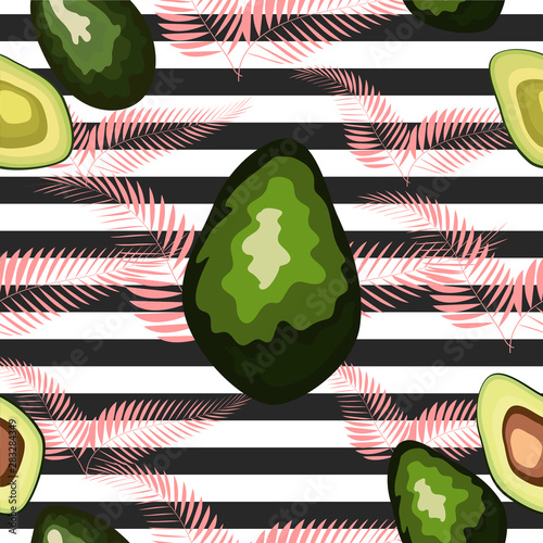 Seamless pattern of avocado fruits with palm leaves on a striped background. photo