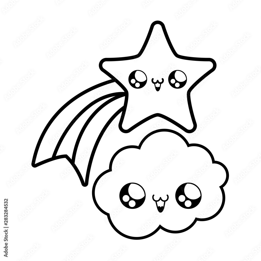 cute shooting star with cloud kawaii style