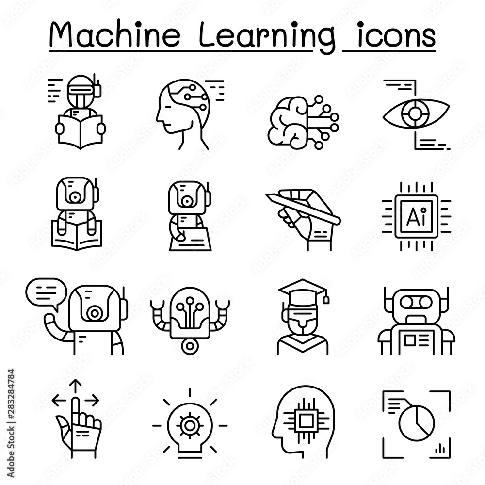 Machine learning icon set in thin line style Machine learning icon set in thin line style